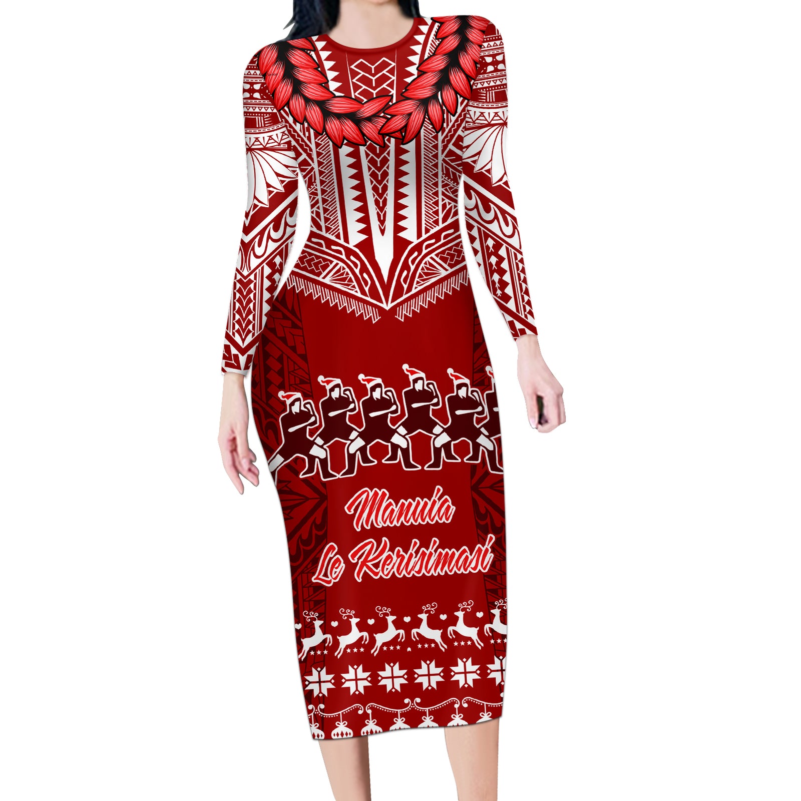 Toa Samoa Christmas Long Sleeve Bodycon Dress Samoa Siva Tau Manuia Le Kerisimasi Red Vibe LT9 Long Dress Red - Polynesian Pride
