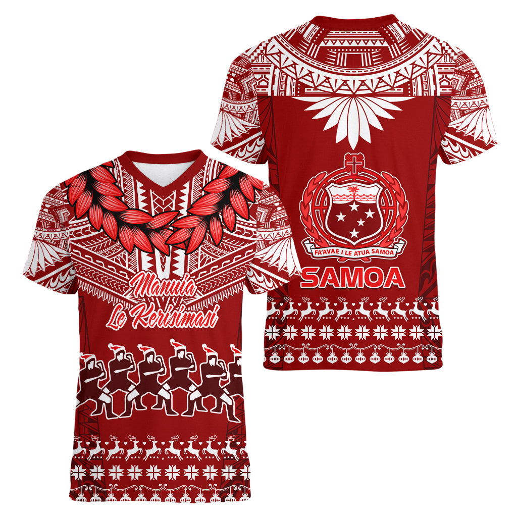 Toa Samoa Christmas Women V Neck T Shirt Samoa Siva Tau Manuia Le Kerisimasi Red Vibe LT9 - Polynesian Pride