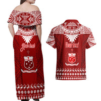Personalised Toa Samoa Christmas Couples Matching Off Shoulder Maxi Dress and Hawaiian Shirt Samoa Siva Tau Manuia Le Kerisimasi Red Vibe LT9 - Polynesian Pride