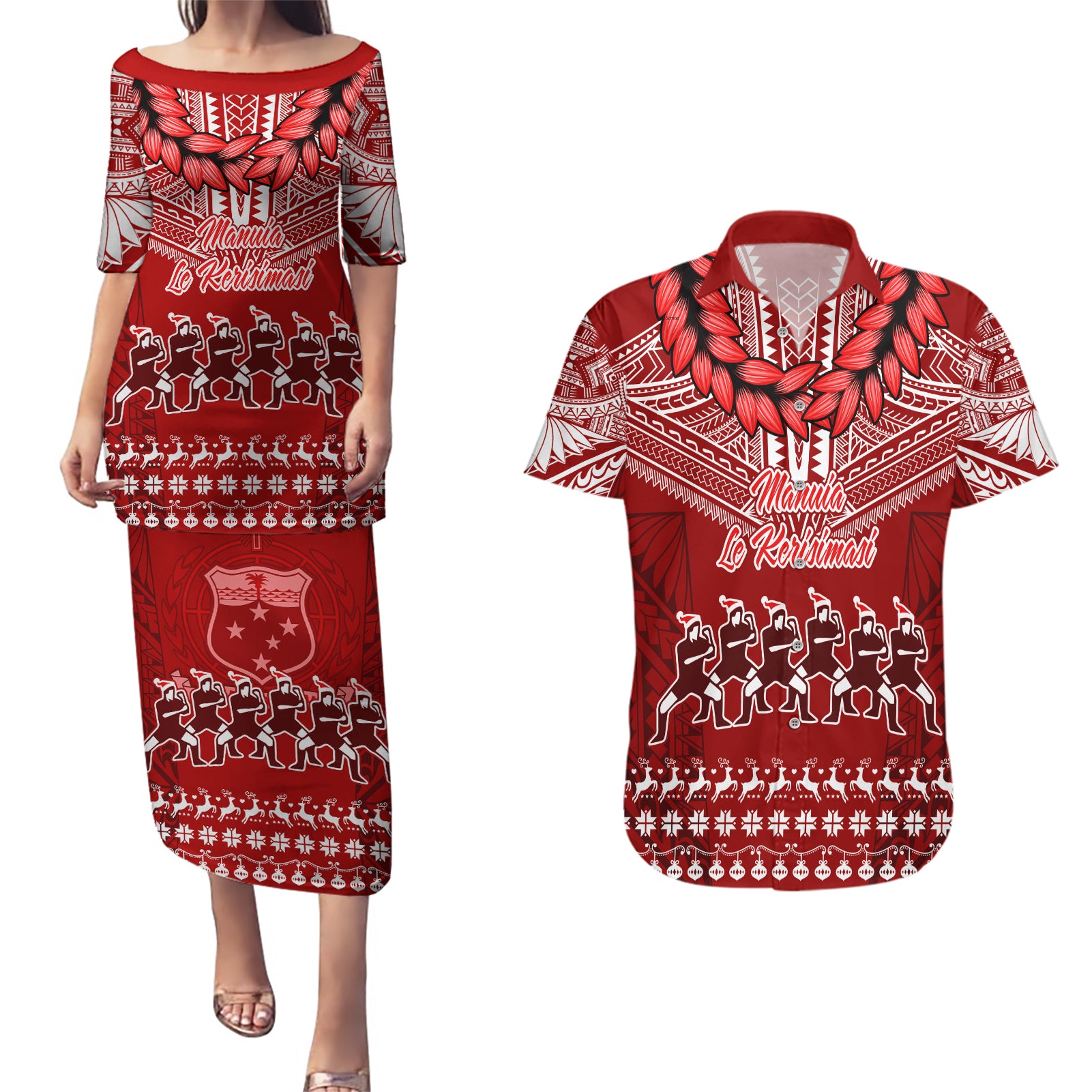 Personalised Toa Samoa Christmas Couples Matching Puletasi Dress and Hawaiian Shirt Samoa Siva Tau Manuia Le Kerisimasi Red Vibe LT9 Red - Polynesian Pride