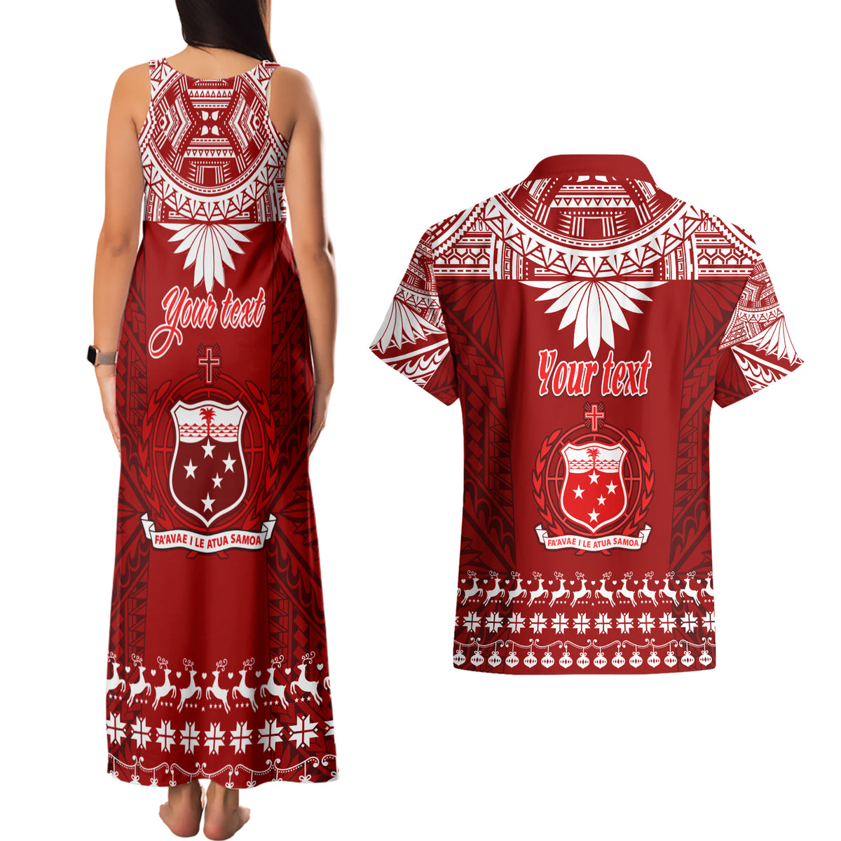 Personalised Toa Samoa Christmas Couples Matching Tank Maxi Dress and Hawaiian Shirt Samoa Siva Tau Manuia Le Kerisimasi Red Vibe LT9 - Polynesian Pride