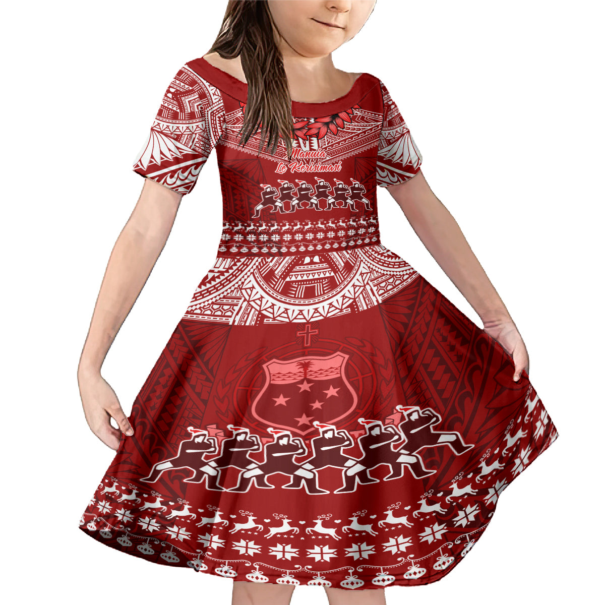 Personalised Toa Samoa Christmas Family Matching Mermaid Dress and Hawaiian Shirt Samoa Siva Tau Manuia Le Kerisimasi Red Vibe LT9 Daughter's Dress Red - Polynesian Pride