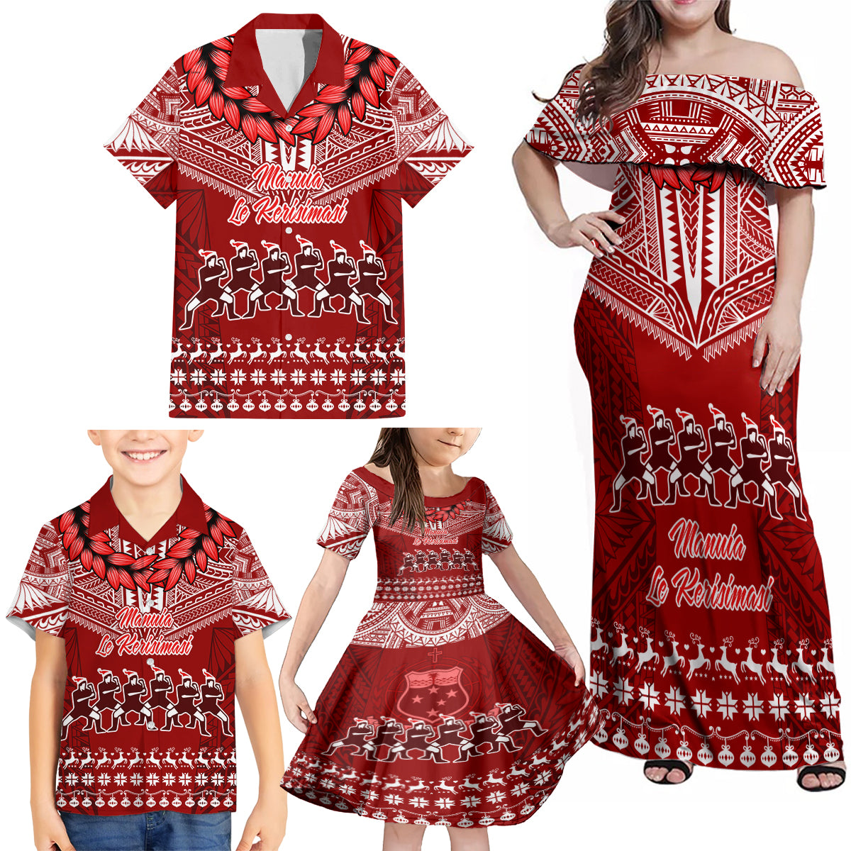 Personalised Toa Samoa Christmas Family Matching Off Shoulder Maxi Dress and Hawaiian Shirt Samoa Siva Tau Manuia Le Kerisimasi Red Vibe LT9 - Polynesian Pride