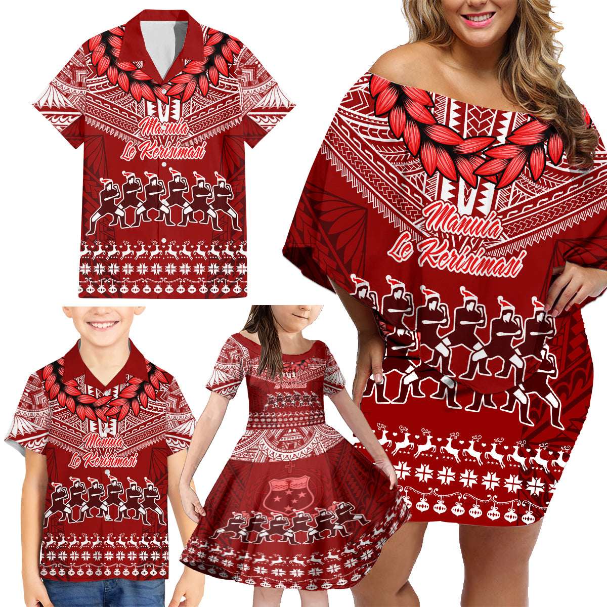 Personalised Toa Samoa Christmas Family Matching Off Shoulder Short Dress and Hawaiian Shirt Samoa Siva Tau Manuia Le Kerisimasi Red Vibe LT9 - Polynesian Pride