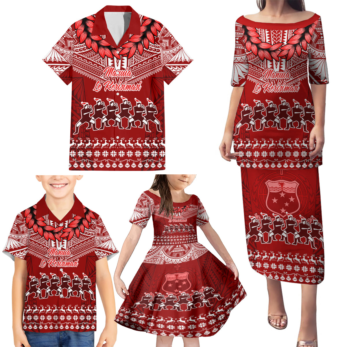 Personalised Toa Samoa Christmas Family Matching Puletasi Dress and Hawaiian Shirt Samoa Siva Tau Manuia Le Kerisimasi Red Vibe LT9 - Polynesian Pride