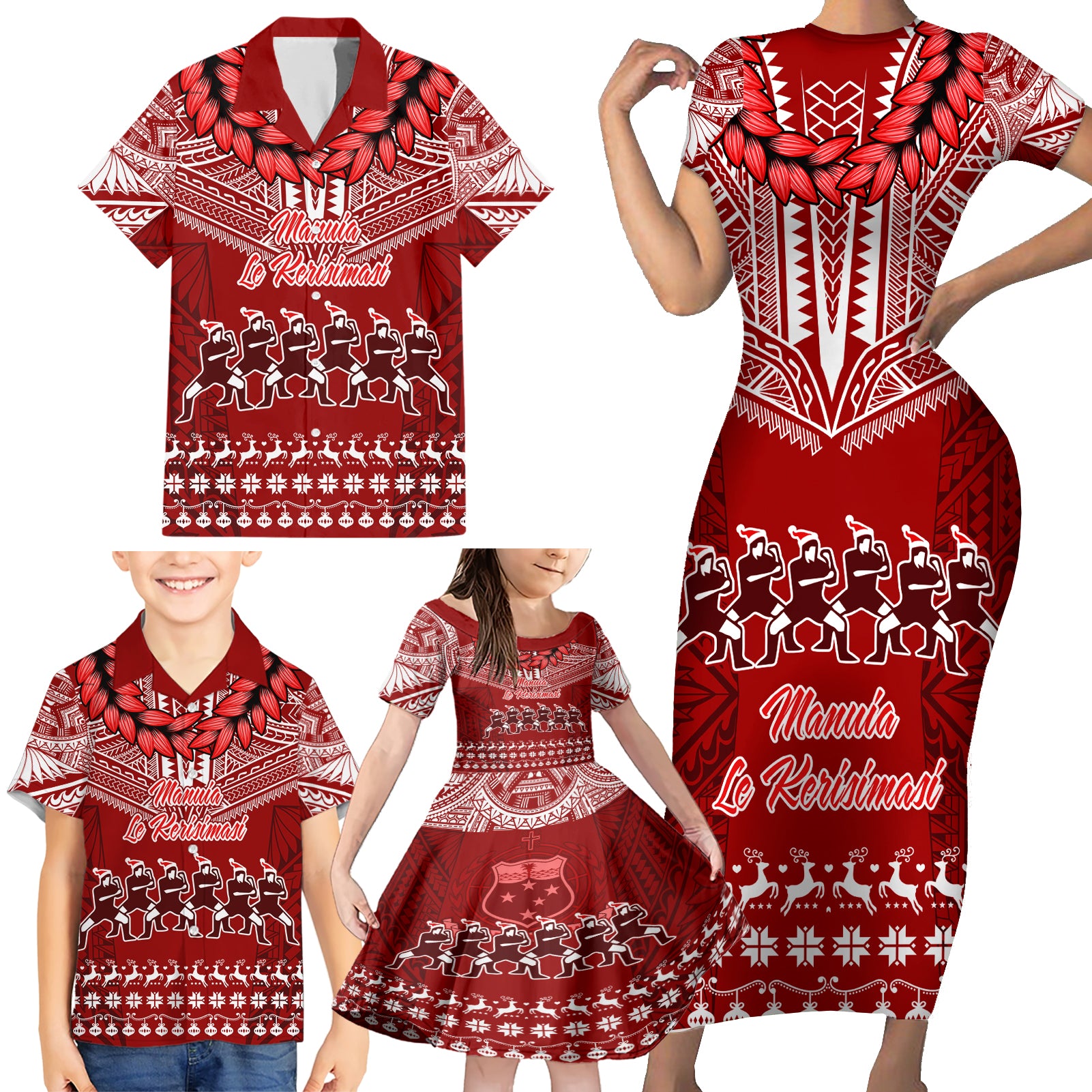 Personalised Toa Samoa Christmas Family Matching Short Sleeve Bodycon Dress and Hawaiian Shirt Samoa Siva Tau Manuia Le Kerisimasi Red Vibe LT9 - Polynesian Pride