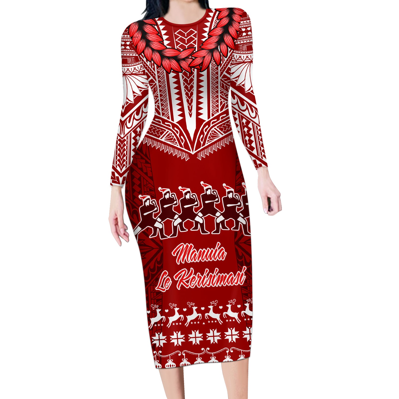 Personalised Toa Samoa Christmas Long Sleeve Bodycon Dress Samoa Siva Tau Manuia Le Kerisimasi Red Vibe LT9 Long Dress Red - Polynesian Pride