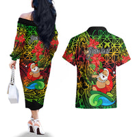 Personalised Vanuatu Joyeux Noel Couples Matching Off The Shoulder Long Sleeve Dress and Hawaiian Shirt Christmas Santas God Yumi LT9 - Polynesian Pride