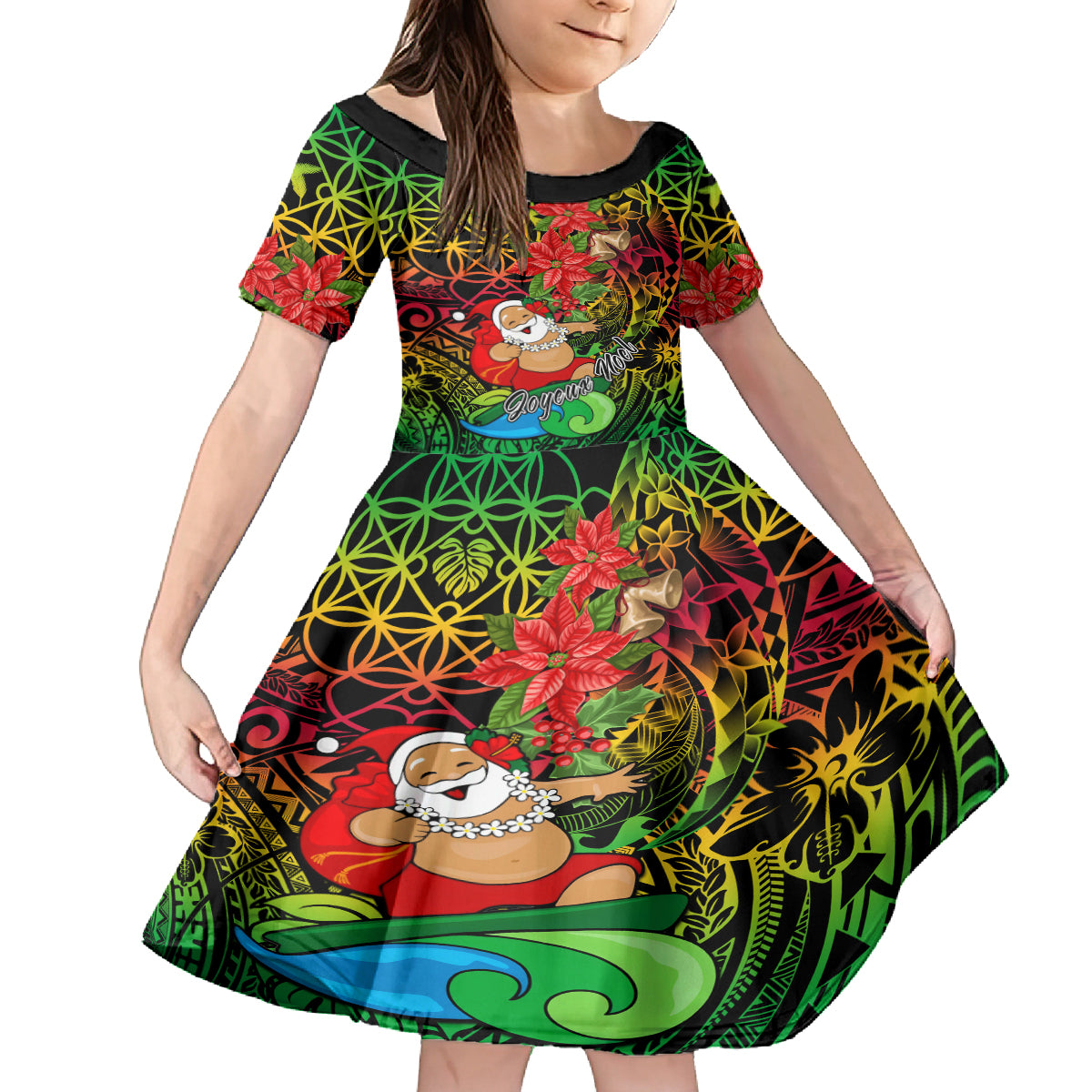 Personalised Vanuatu Joyeux Noel Family Matching Tank Maxi Dress and Hawaiian Shirt Christmas Santas God Yumi LT9 Daughter's Dress Reggae - Polynesian Pride