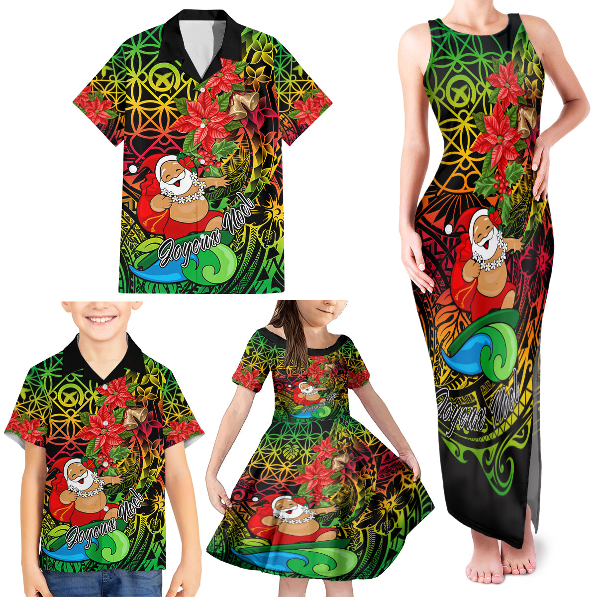 Personalised Vanuatu Joyeux Noel Family Matching Tank Maxi Dress and Hawaiian Shirt Christmas Santas God Yumi LT9 - Polynesian Pride