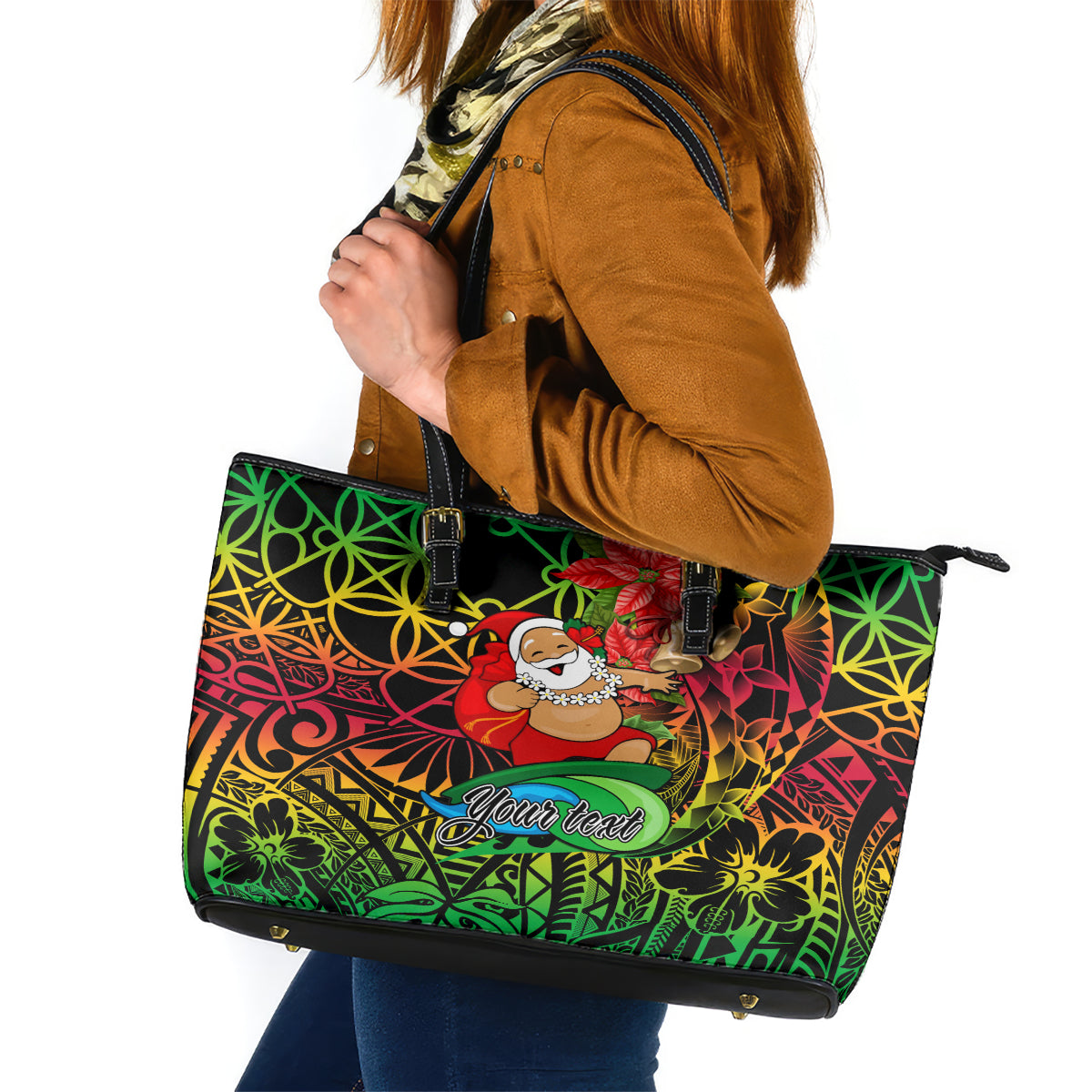 Personalised Vanuatu Joyeux Noel Leather Tote Bag Christmas Santas God Yumi LT9 Reggae - Polynesian Pride