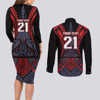 Custom New Zealand Couples Matching Long Sleeve Bodycon Dress and Long Sleeve Button Shirt Maori Kiwiana Pattern Tukutuku Motif LT9 - Polynesian Pride