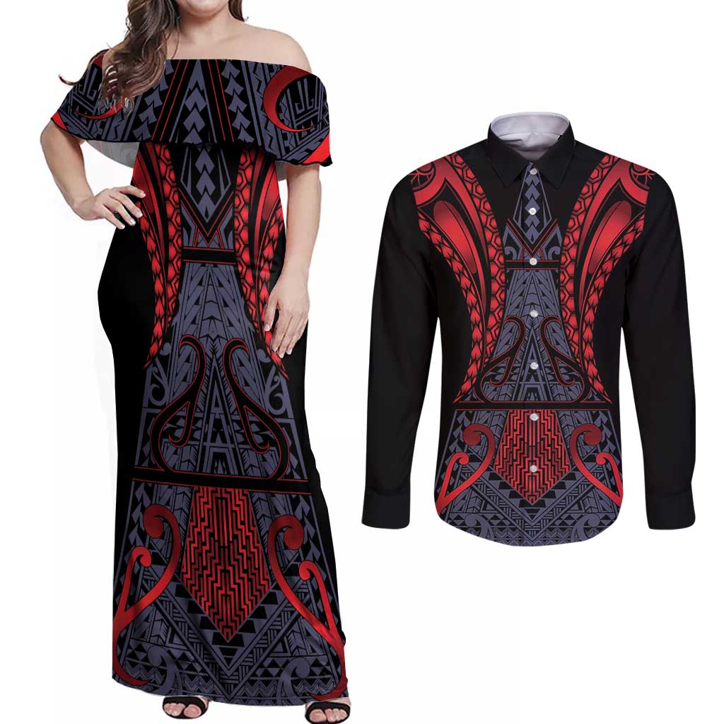 Custom New Zealand Couples Matching Off Shoulder Maxi Dress and Long Sleeve Button Shirt Maori Kiwiana Pattern Tukutuku Motif LT9 Red - Polynesian Pride