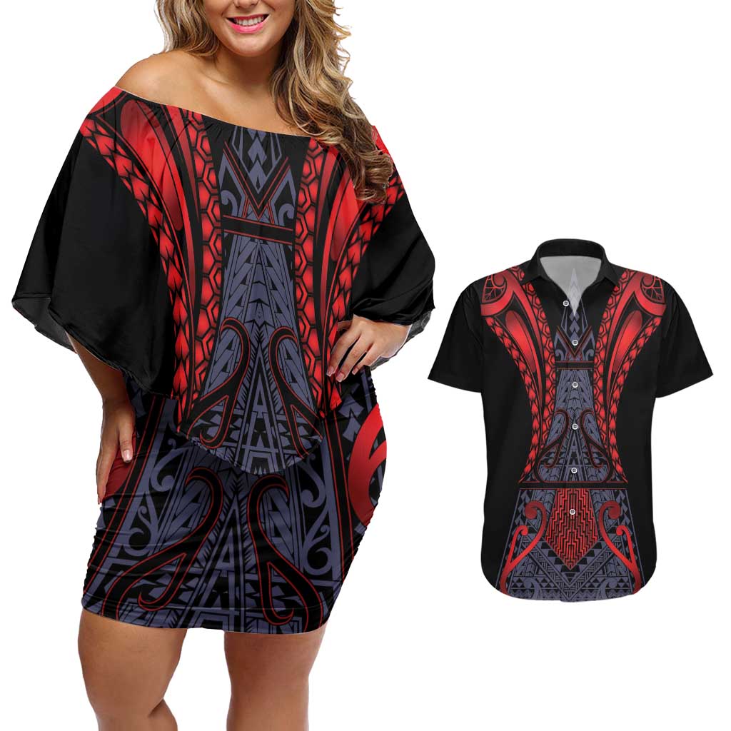 Custom New Zealand Couples Matching Off Shoulder Short Dress and Hawaiian Shirt Maori Kiwiana Pattern Tukutuku Motif LT9 Red - Polynesian Pride