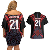 Custom New Zealand Couples Matching Off Shoulder Short Dress and Hawaiian Shirt Maori Kiwiana Pattern Tukutuku Motif LT9 - Polynesian Pride