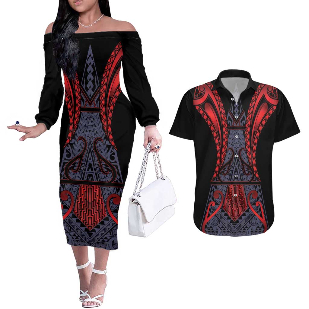 Custom New Zealand Couples Matching Off The Shoulder Long Sleeve Dress and Hawaiian Shirt Maori Kiwiana Pattern Tukutuku Motif LT9 Red - Polynesian Pride