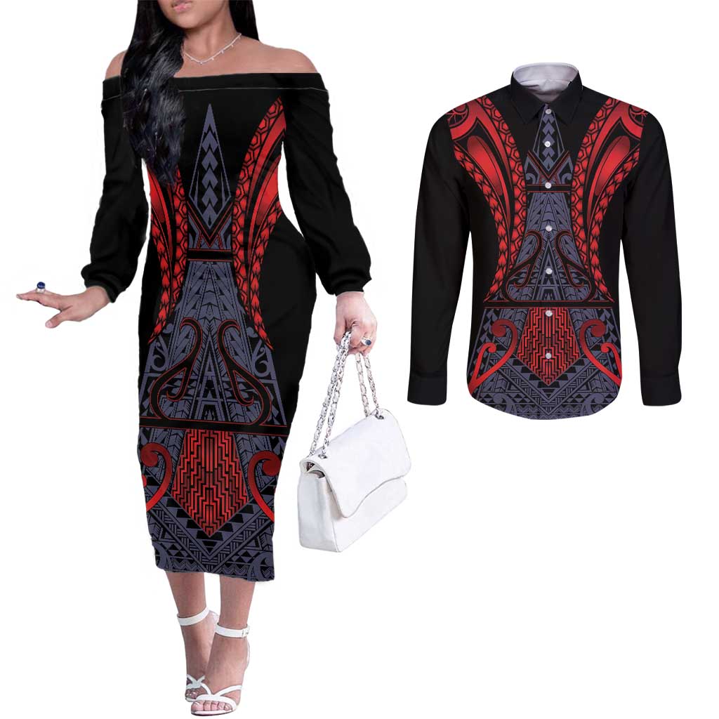 Custom New Zealand Couples Matching Off The Shoulder Long Sleeve Dress and Long Sleeve Button Shirt Maori Kiwiana Pattern Tukutuku Motif LT9 Red - Polynesian Pride