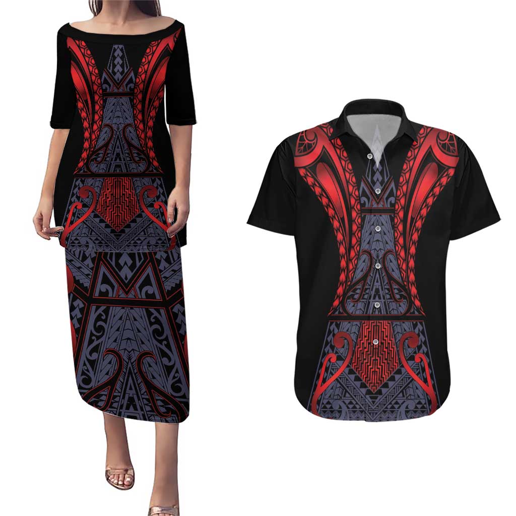 Custom New Zealand Couples Matching Puletasi and Hawaiian Shirt Maori Kiwiana Pattern Tukutuku Motif LT9 Red - Polynesian Pride