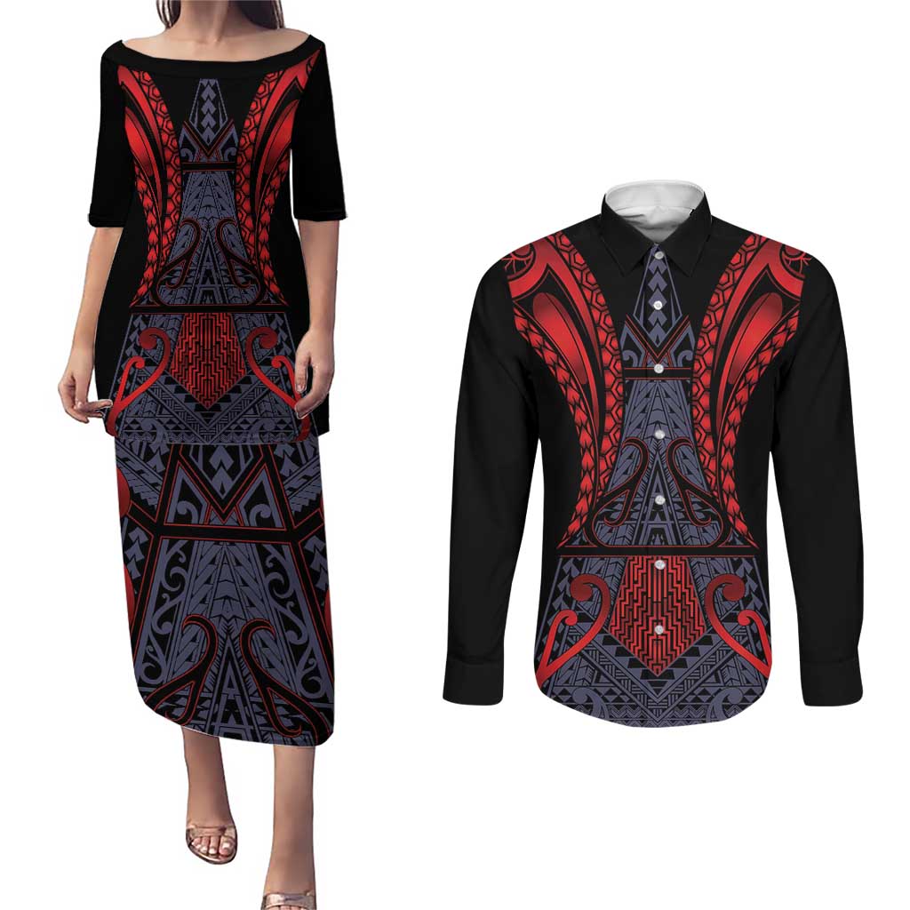 Custom New Zealand Couples Matching Puletasi and Long Sleeve Button Shirt Maori Kiwiana Pattern Tukutuku Motif