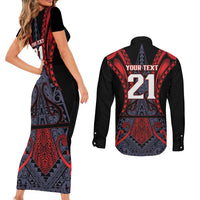 Custom New Zealand Couples Matching Short Sleeve Bodycon Dress and Long Sleeve Button Shirt Maori Kiwiana Pattern Tukutuku Motif LT9 - Polynesian Pride