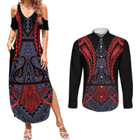 Custom New Zealand Couples Matching Summer Maxi Dress and Long Sleeve Button Shirt Maori Kiwiana Pattern Tukutuku Motif LT9 Red - Polynesian Pride