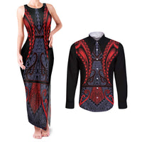Custom New Zealand Couples Matching Tank Maxi Dress and Long Sleeve Button Shirt Maori Kiwiana Pattern Tukutuku Motif LT9 Red - Polynesian Pride