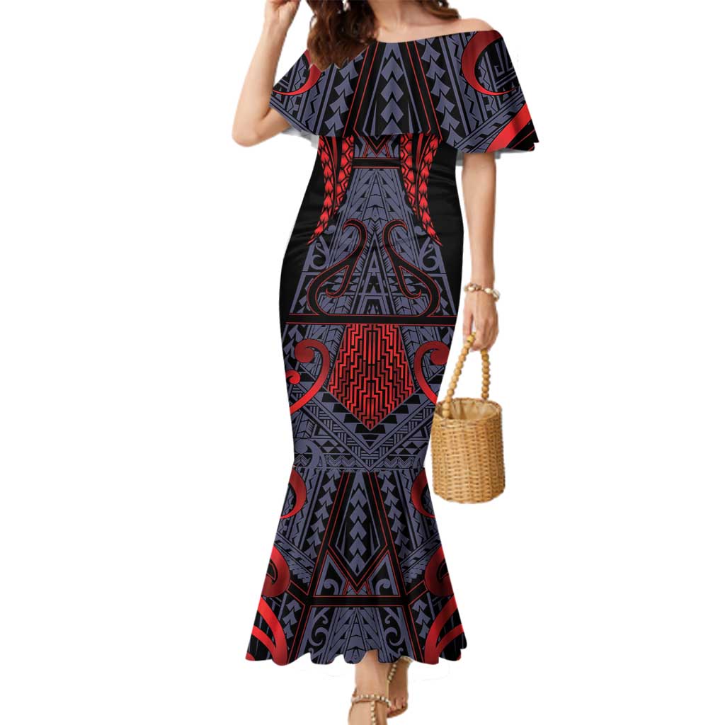 Custom New Zealand Family Matching Mermaid Dress and Hawaiian Shirt Maori Kiwiana Pattern Tukutuku Motif LT9 Mom's Dress Red - Polynesian Pride