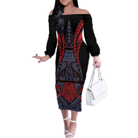Custom New Zealand Family Matching Off The Shoulder Long Sleeve Dress and Hawaiian Shirt Maori Kiwiana Pattern Tukutuku Motif LT9 Mom's Dress Red - Polynesian Pride