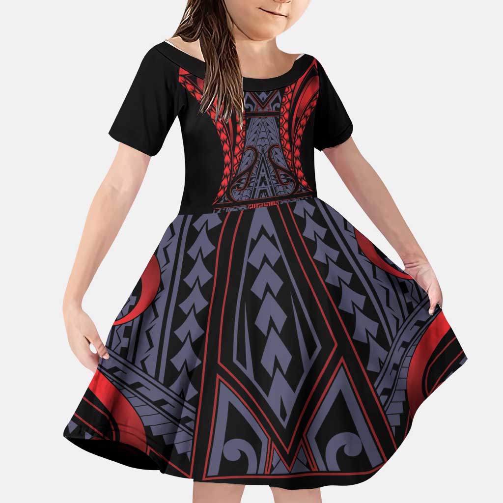Custom New Zealand Family Matching Tank Maxi Dress and Hawaiian Shirt Maori Kiwiana Pattern Tukutuku Motif LT9 Daughter's Dress Red - Polynesian Pride