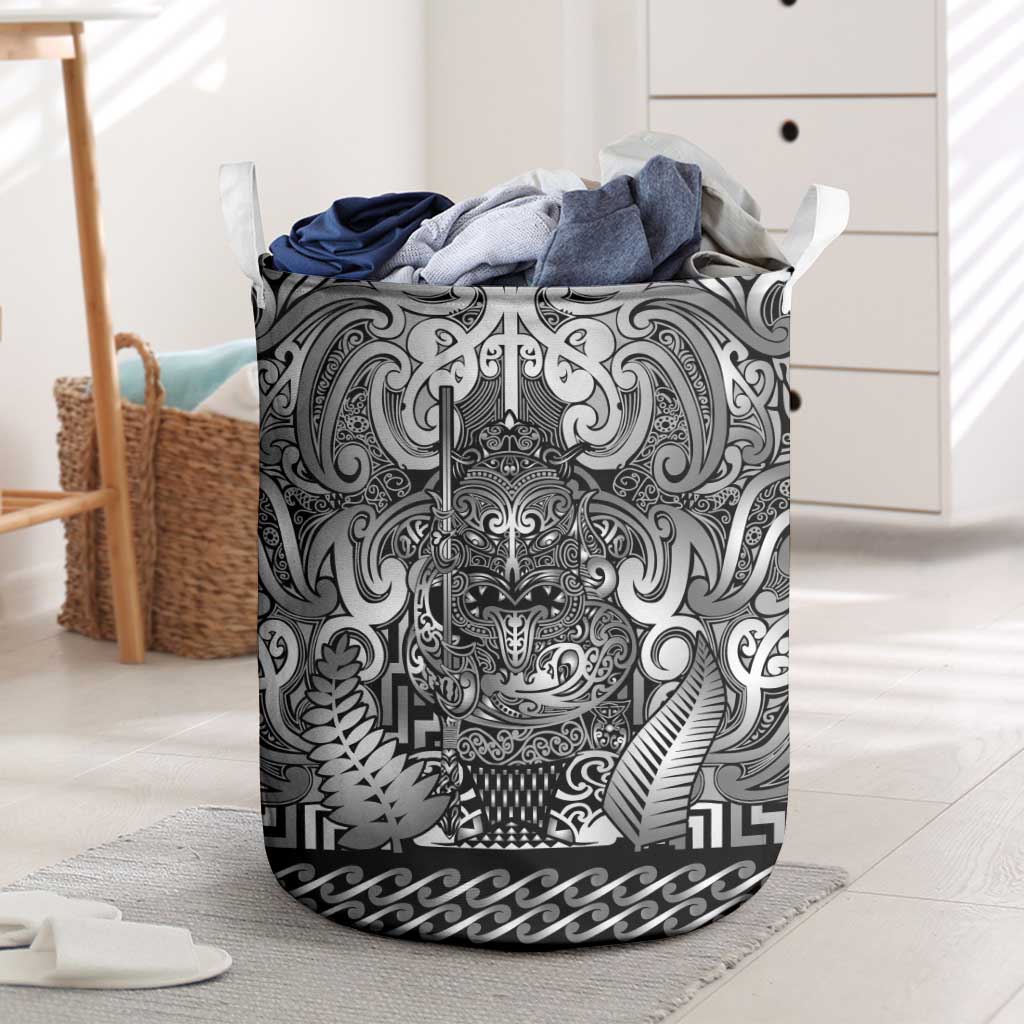 New Zealand Taiaha Maori Laundry Basket Kiwikiwi Minimalist Silver Fern Tukutuku Motif