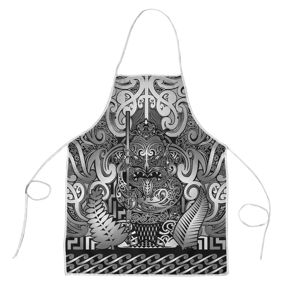 New Zealand Taiaha Maori Apron Kiwikiwi Minimalist Silver Fern Tukutuku Motif LT9 White - Polynesian Pride