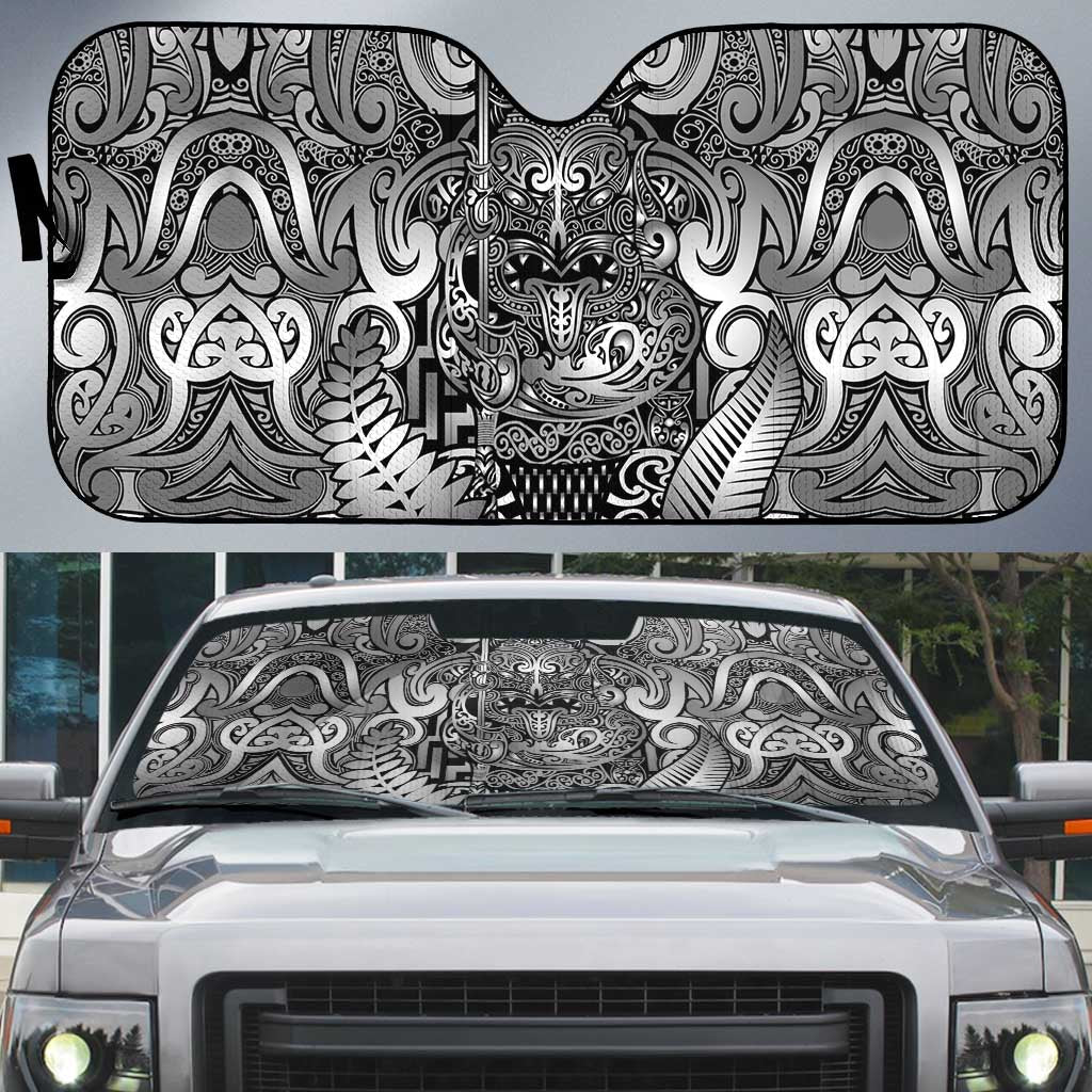 New Zealand Taiaha Maori Auto Sun Shade Kiwikiwi Minimalist Silver Fern Tukutuku Motif LT9 White - Polynesian Pride
