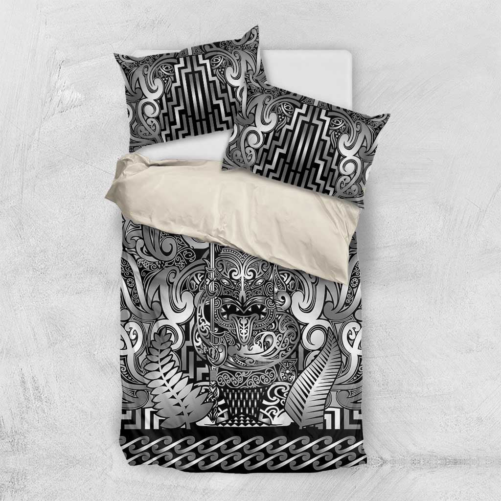 New Zealand Taiaha Maori Bedding Set Kiwikiwi Minimalist Silver Fern Tukutuku Motif LT9 US Twin 172cm x 218cm White - Polynesian Pride