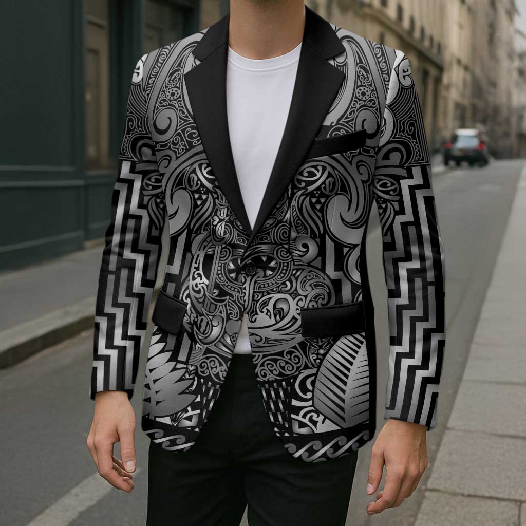 Custom New Zealand Taiaha Maori Blazer Kiwikiwi Minimalist Silver Fern Tukutuku Motif LT9 - Polynesian Pride