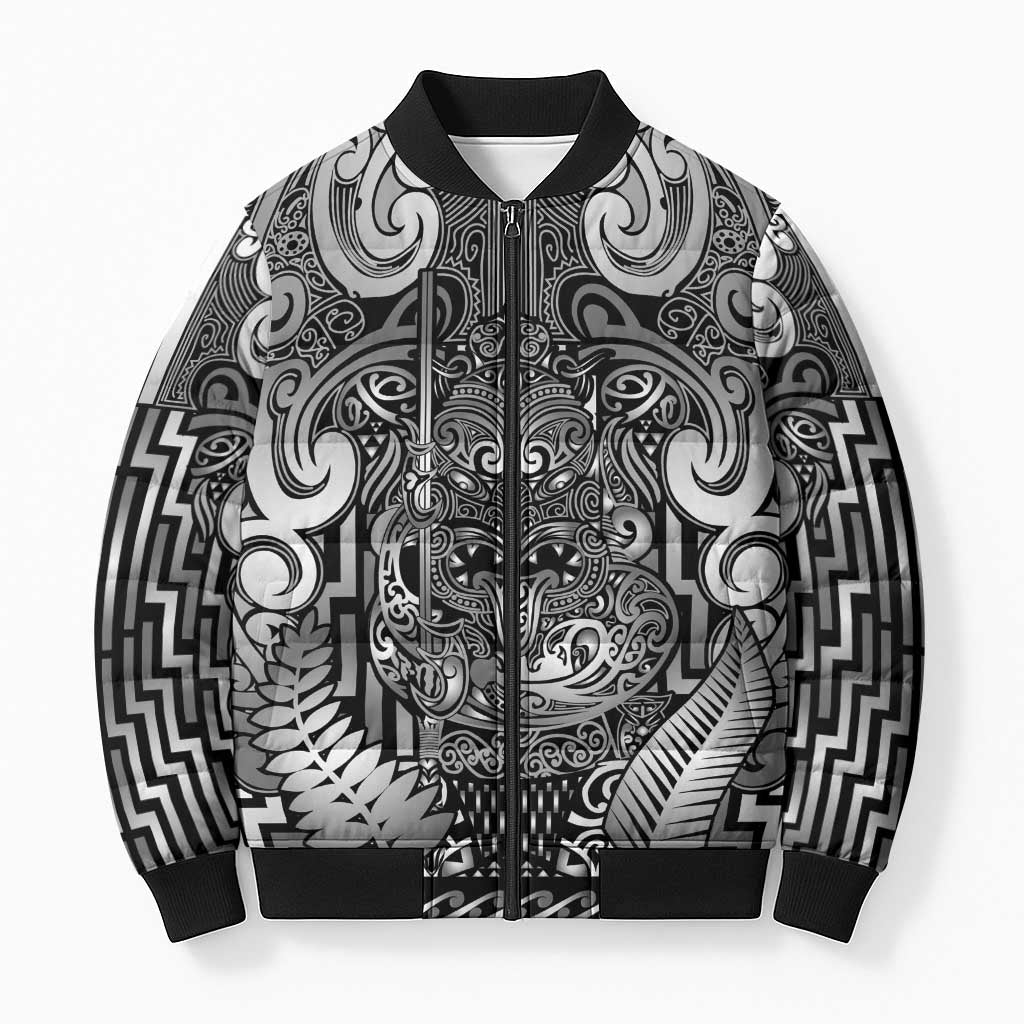 Custom New Zealand Taiaha Maori Bomber Puffer Jacket Kiwikiwi Minimalist Silver Fern Tukutuku Motif LT9 Unisex White - Polynesian Pride