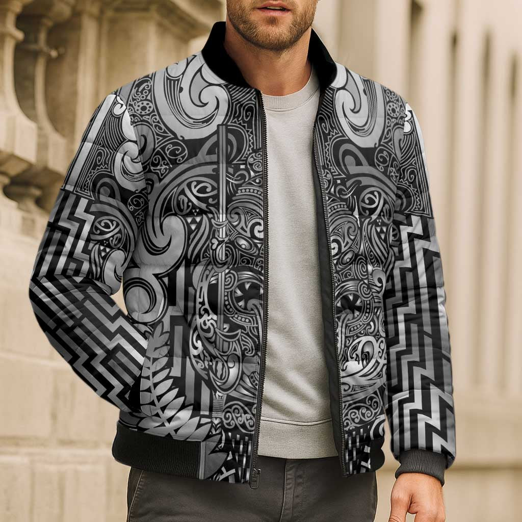 Custom New Zealand Taiaha Maori Bomber Puffer Jacket Kiwikiwi Minimalist Silver Fern Tukutuku Motif LT9 - Polynesian Pride