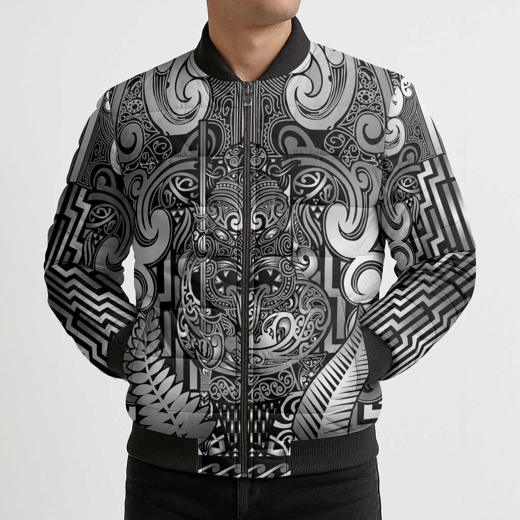 Custom New Zealand Taiaha Maori Bomber Puffer Jacket Kiwikiwi Minimalist Silver Fern Tukutuku Motif LT9 - Polynesian Pride