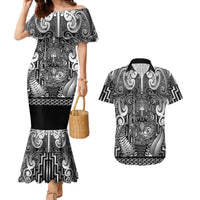 Custom New Zealand Taiaha Maori Couples Matching Mermaid Dress and Hawaiian Shirt Kiwikiwi Minimalist Silver Fern Tukutuku Motif LT9 White - Polynesian Pride