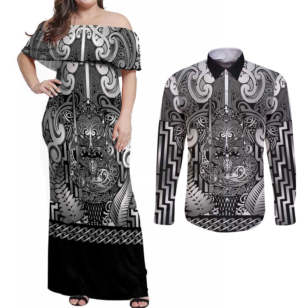 Custom New Zealand Taiaha Maori Couples Matching Off Shoulder Maxi Dress and Long Sleeve Button Shirt Kiwikiwi Minimalist Silver Fern Tukutuku Motif LT9 White - Polynesian Pride