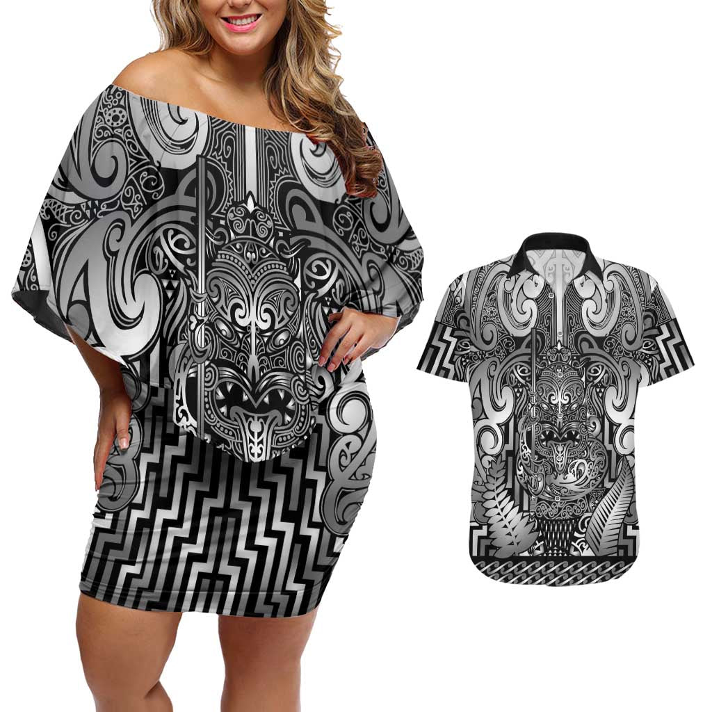 Custom New Zealand Taiaha Maori Couples Matching Off Shoulder Short Dress and Hawaiian Shirt Kiwikiwi Minimalist Silver Fern Tukutuku Motif LT9 White - Polynesian Pride