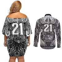 Custom New Zealand Taiaha Maori Couples Matching Off Shoulder Short Dress and Long Sleeve Button Shirt Kiwikiwi Minimalist Silver Fern Tukutuku Motif LT9 - Polynesian Pride