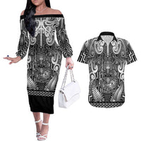 Custom New Zealand Taiaha Maori Couples Matching Off The Shoulder Long Sleeve Dress and Hawaiian Shirt Kiwikiwi Minimalist Silver Fern Tukutuku Motif LT9 White - Polynesian Pride