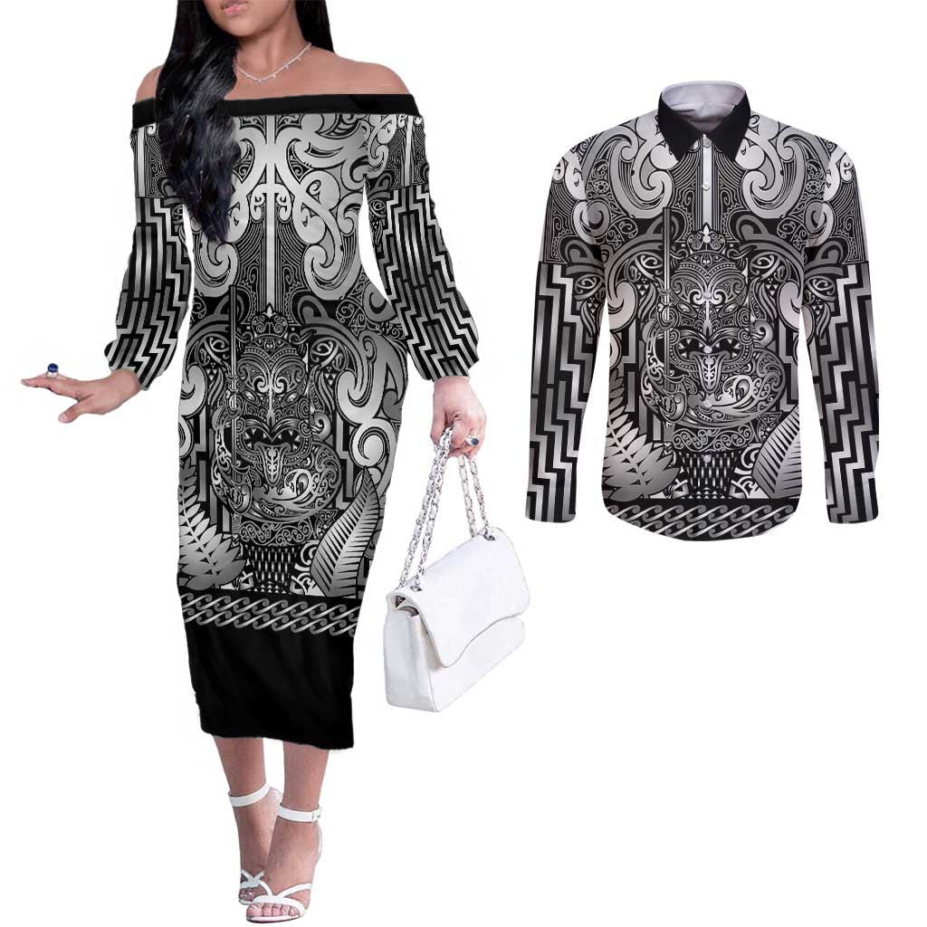 Custom New Zealand Taiaha Maori Couples Matching Off The Shoulder Long Sleeve Dress and Long Sleeve Button Shirt Kiwikiwi Minimalist Silver Fern Tukutuku Motif LT9 White - Polynesian Pride