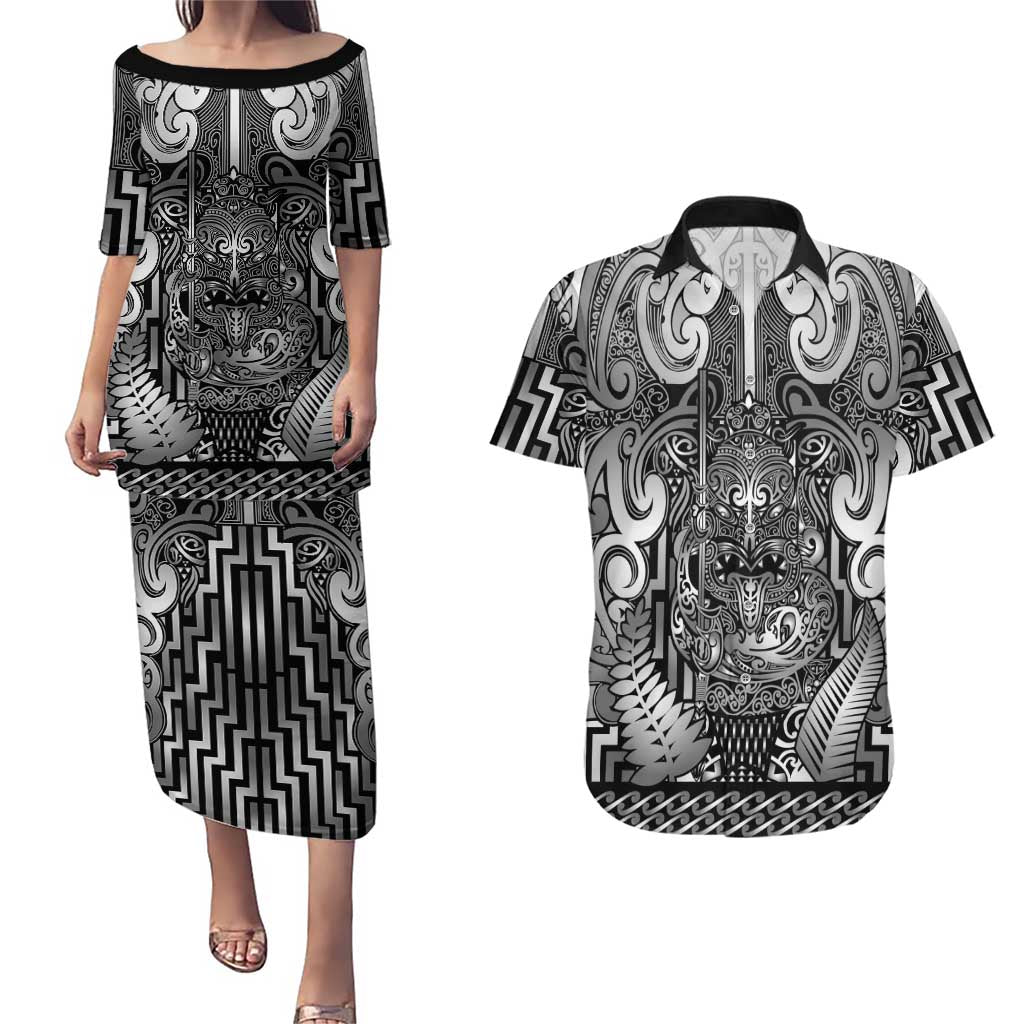 Custom New Zealand Taiaha Maori Couples Matching Puletasi and Hawaiian Shirt Kiwikiwi Minimalist Silver Fern Tukutuku Motif LT9 White - Polynesian Pride