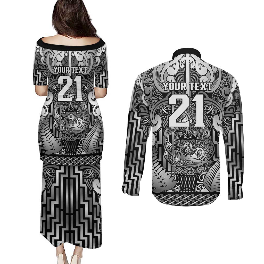 Custom New Zealand Taiaha Maori Couples Matching Puletasi and Long Sleeve Button Shirt Kiwikiwi Minimalist Silver Fern Tukutuku Motif LT9 - Polynesian Pride