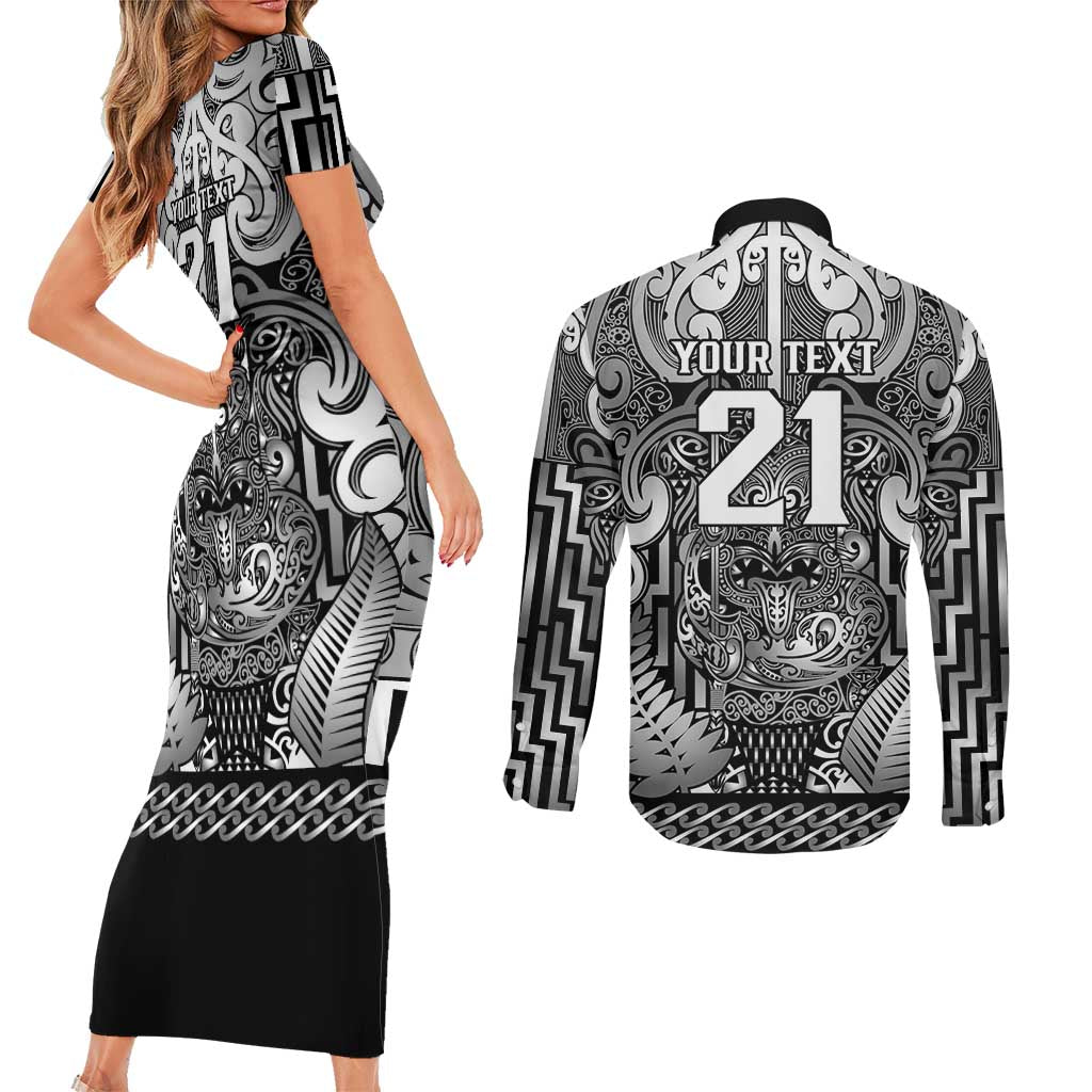 Custom New Zealand Taiaha Maori Couples Matching Short Sleeve Bodycon Dress and Long Sleeve Button Shirt Kiwikiwi Minimalist Silver Fern Tukutuku Motif LT9 - Polynesian Pride