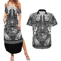 Custom New Zealand Taiaha Maori Couples Matching Summer Maxi Dress and Hawaiian Shirt Kiwikiwi Minimalist Silver Fern Tukutuku Motif LT9 White - Polynesian Pride
