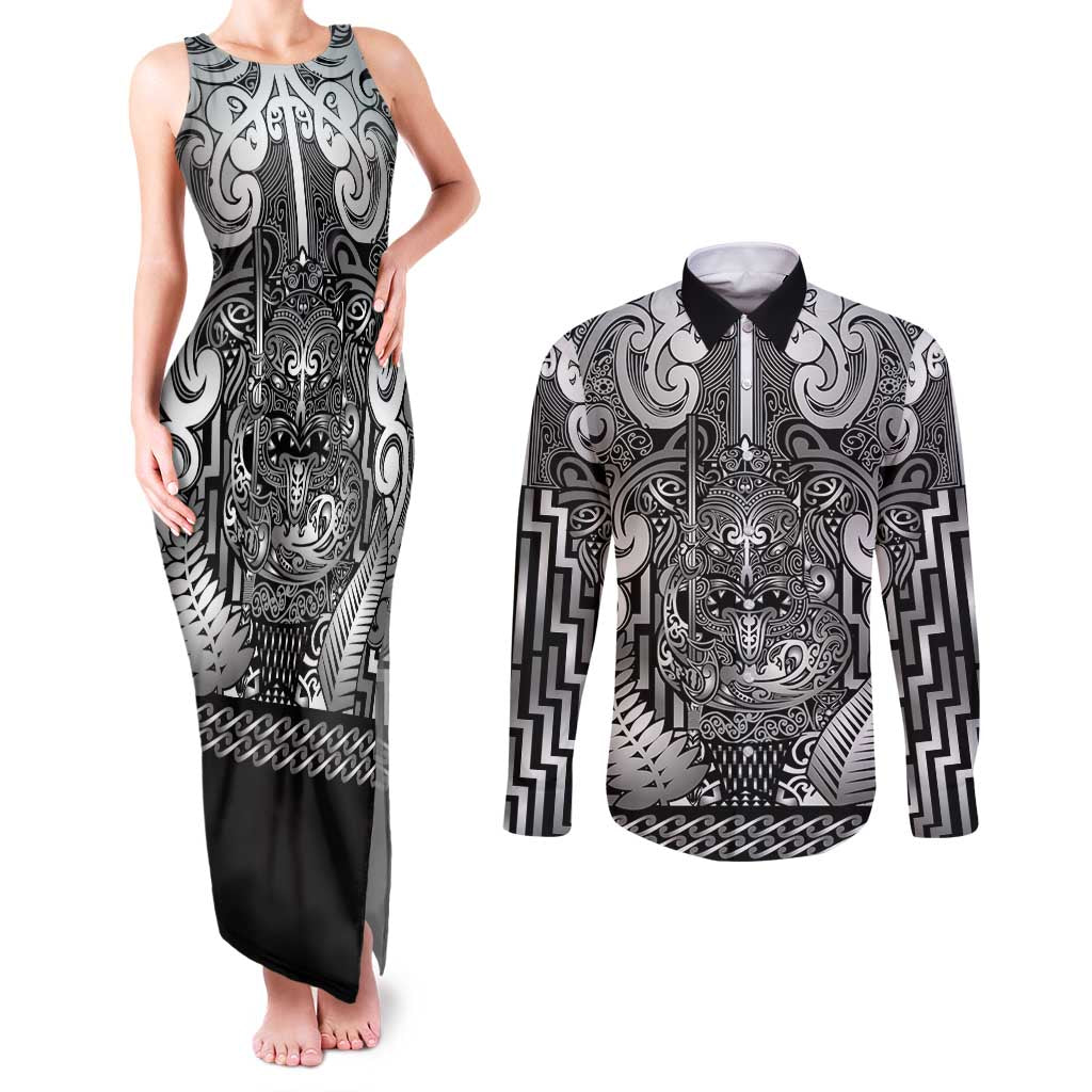 Custom New Zealand Taiaha Maori Couples Matching Tank Maxi Dress and Long Sleeve Button Shirt Kiwikiwi Minimalist Silver Fern Tukutuku Motif LT9 White - Polynesian Pride