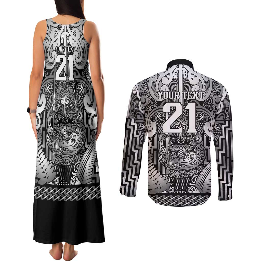 Custom New Zealand Taiaha Maori Couples Matching Tank Maxi Dress and Long Sleeve Button Shirt Kiwikiwi Minimalist Silver Fern Tukutuku Motif LT9 - Polynesian Pride