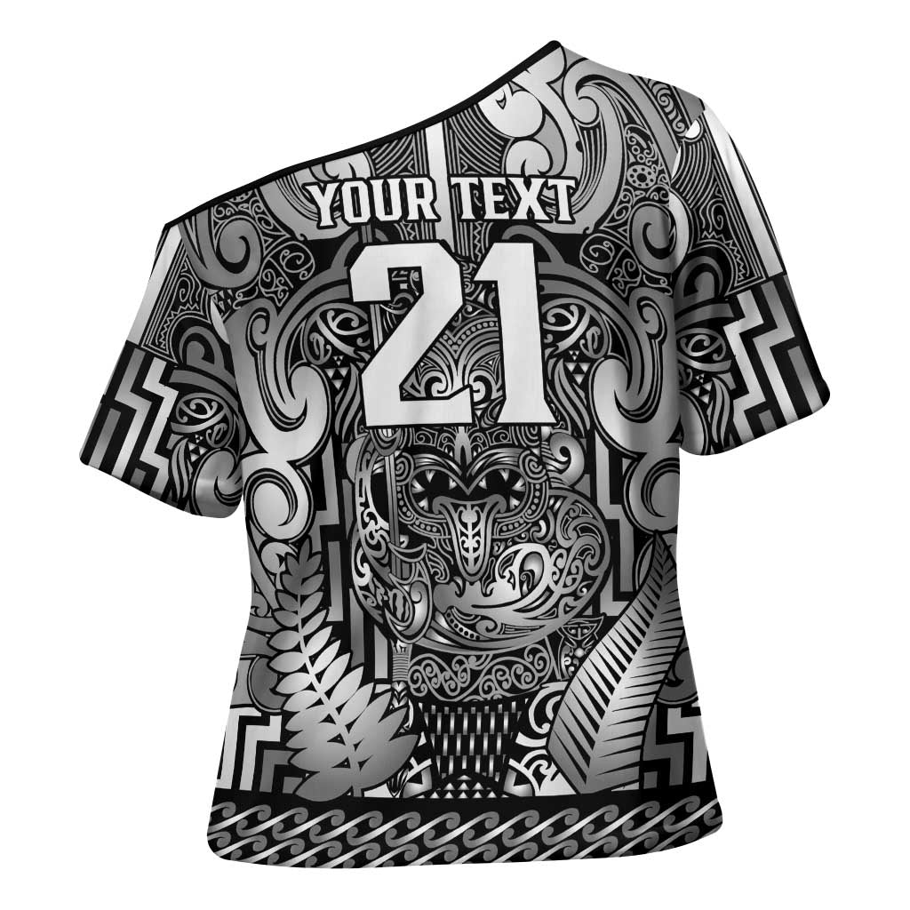 Custom New Zealand Taiaha Maori Cross Shoulder Shirt Kiwikiwi Minimalist Silver Fern Tukutuku Motif LT9 - Polynesian Pride